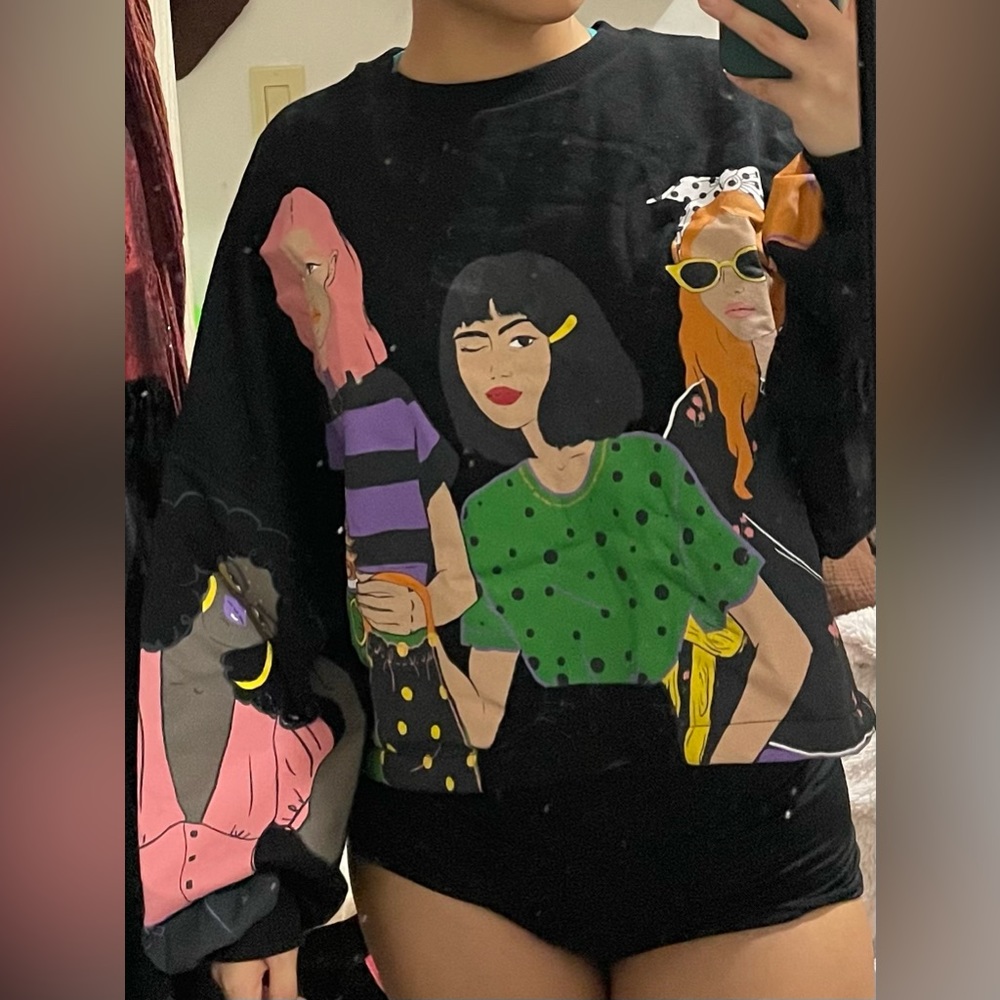 Black Zara Graphic Print Cropped Sweater